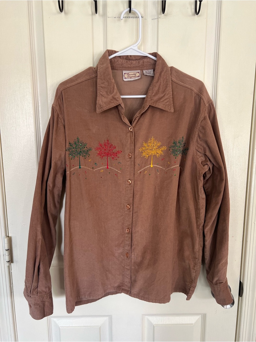 Vintage Decorated Originals Brown Corduroy Embroidered Autumn Tree Button Up